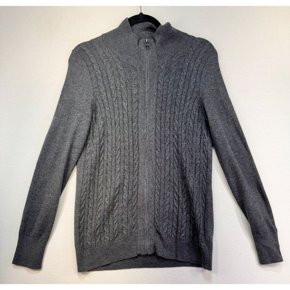 Talbots Womens Cable Knit Zip-Up Sweater Medium Gray Academia
